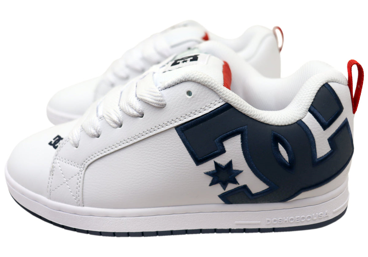 DC Shoes Mens Comfortable Leather Court Graffik Shoes White Navy Red